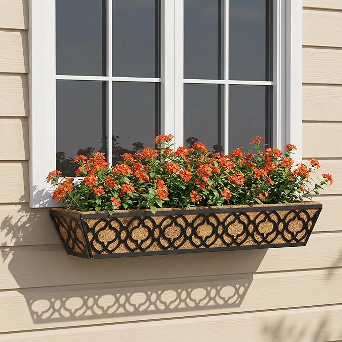 Y&M 30 inch Window Planter Box 2Pcs Iron Window Deck Railing Planter with Coco Liner, Metal Horse Troughs Fence Planter for Outdoor Balcony Rail Fence Porch Patio