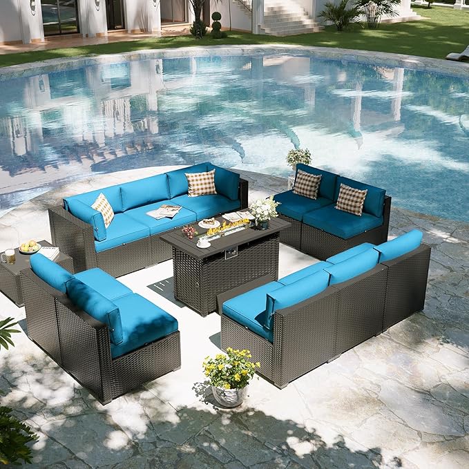 Aoxun Patio Furniture Set with Fire Pit Table, 12 Piece Outdoor Sectional Sofas, 10 Seats Wicker Rattan Outdoor Furniture with Thickened Cushion for Backyard, Garden Peacock Blue