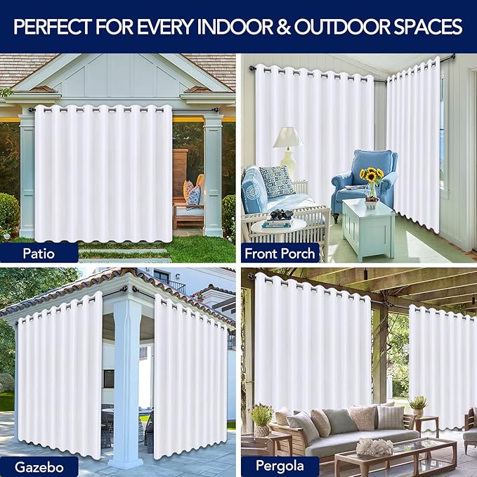 PureFit Outdoor Curtains for Patio Waterproof Weatherproof, UV Resistant Outside Curtains for Gazebo, Front Porch, Pergola, Sun Blocking Privacy Curtain, 150W x 84L inch, 1 Panel, White