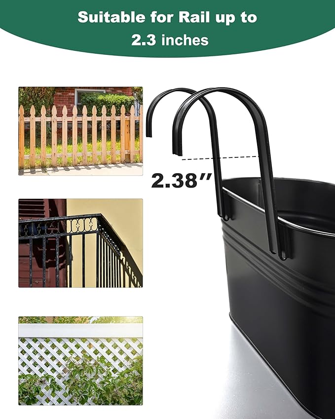Metal Railing Planters for Outdoor Plants - 3 Pcs Balcony Hanging Flower Pots with Detachable Hooks & Drain Holes, Windowsill Oval Hanging Bucket Pots Fence Planters for Garden Home Decor, Black