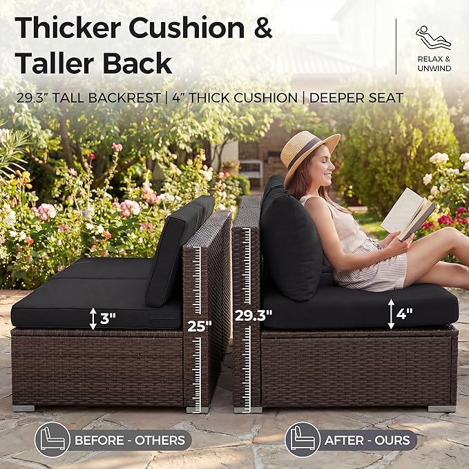 NICESOUL Modern Large Patio Furniture Set with Firepit Propane/Natural Gas, 29.3'' High Back Comfy Outdoor Sectional Couch Sofa Sets, 9 Piece Extra Wide Modular Sitting, Brown Rattan and Black Cushion