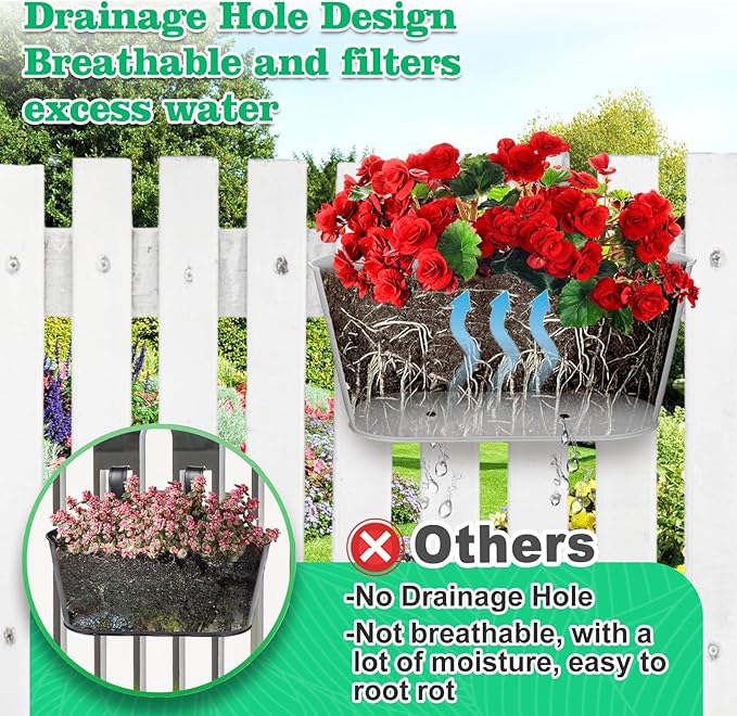 MADHOLLY Railing Planter with Drainage Holes - Sturdy Bucket Pots for Railing Fence, Countryside Style Metal Flower Pots for Herbs Balcony Garden Yard Decor, 4Pcs, White