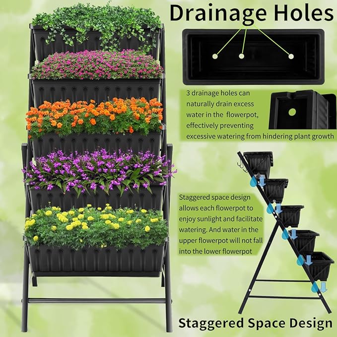 Homdox 3.74FT Vertical Garden Bed, 5 Tiers Vertical Raised Garden Planter, 23 * 26 * 45Inch Outdoor Garden Raised Bed with 4 Hooks, Vegetable Flower Planter Raised Stand for Garden Patio Yard, Black