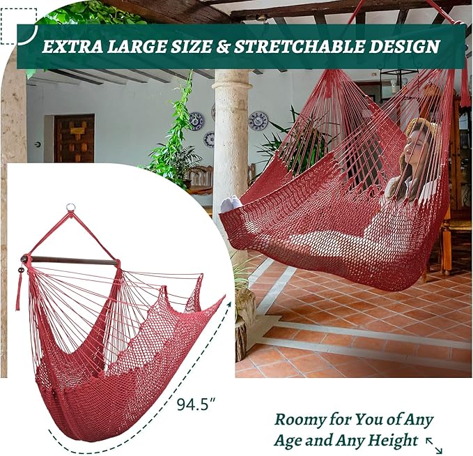 Bathonly Large Hammock Chair with Spreader Bar, Caribbean Hammock Swing Chair, XL Hammock Chair Outdoor Indoor, 330 LBS Weight Capacity, Red