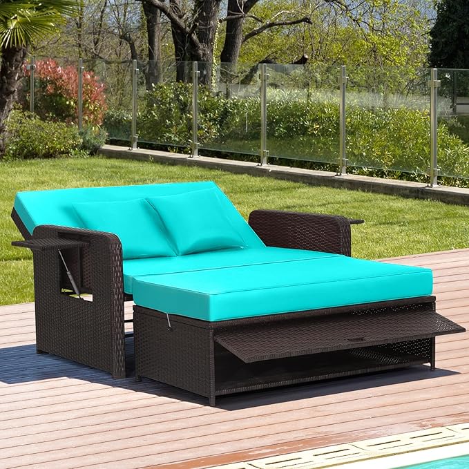 LDAILY Moccha Outdoor Daybed, Wicker Loveseat Sofa Set with 4-Postion Adjustable Backrest, Storage Ottoman, Cushions, Rattan Double Bed Lounger, Patio Furniture Set (Turquoise)