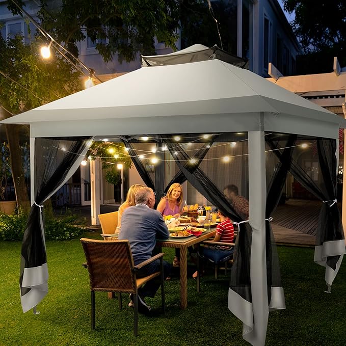 COBIZI 12x12 Pop Up Gazebo On Clearance - Upgrade Easy Up Metal Outdoor Canopy Waterproof - Portable Gazebo with Mosquito Nettings, 4 Ropes 8 Stakes and Carry Bag for Patio Garden(Light Gray)