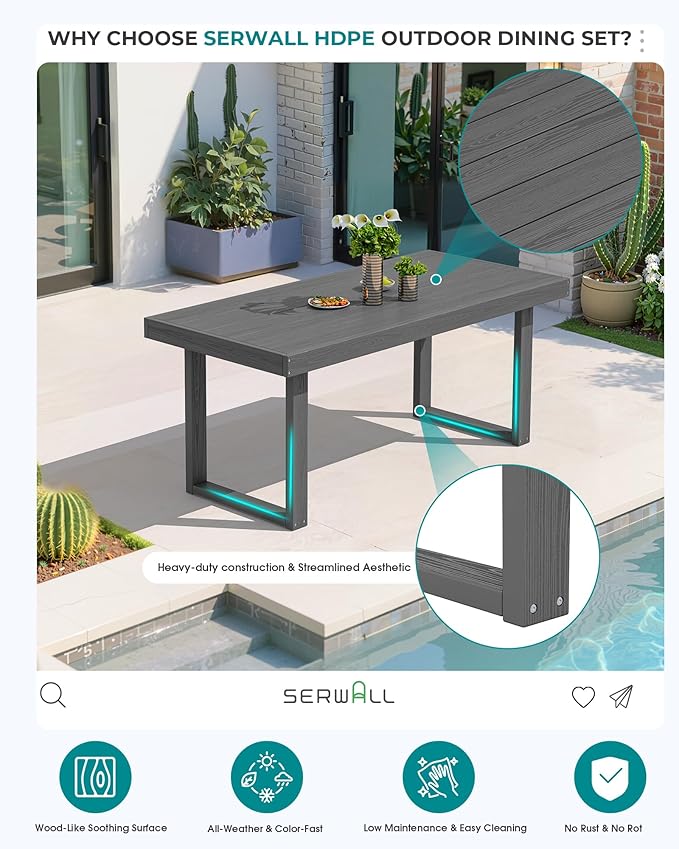 SERWALL HDPE Outdoor Dining Set for 6, 67'' All Weather Patio Dining Table and Chairs Set for Deck, Lawn, Gray