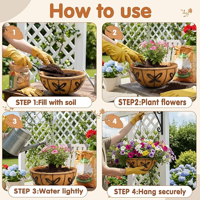 12 inch Metal Hanging Baskets For Plants Outdoor 4 Pack Round Metal Wire Hanging Basket Planter with Coco Fiber Liners Chain Round Wire Plant Holder for Garden, Patio, Deck, Porch Plants Flower Potss