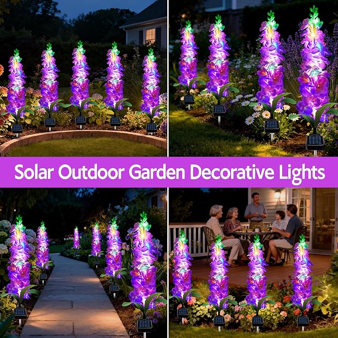 Solar Garden Lights, Solar Purple Delphinium Flowers Lights 4 Pack 80 LEDs, Waterproof Outdoor Light Two Lighting Modes for Outside Wedding Party Garden Yard Patio Lawn Decor