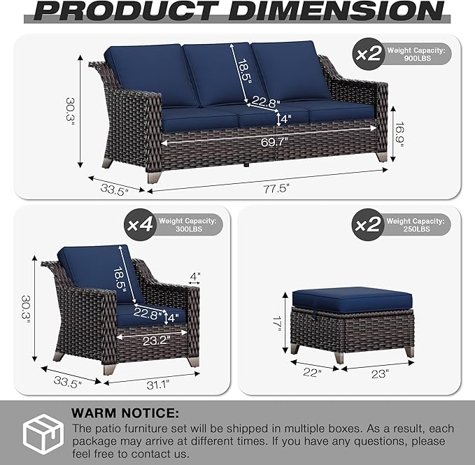 Joyside Wicker Patio Furniture Sets, 7 Pieces Upgraded Large Size Outdoor Furniture with 4 Swivel Rocking Patio Chairs, 3-Seat Sofa, Outdoor Ottoman, Thick Cushions, Wide Armrest, Blue