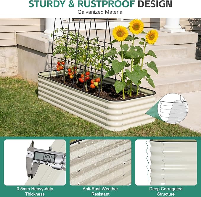 5 in 1Galvanized Raised Garden Bed - 8x3x1.4ft Modular Garden Planter Bed Outdoor | Steel Raised Bed Kit with Bracing Rods, Gloves for Gardening Vegetables Fruits and Flowers - White