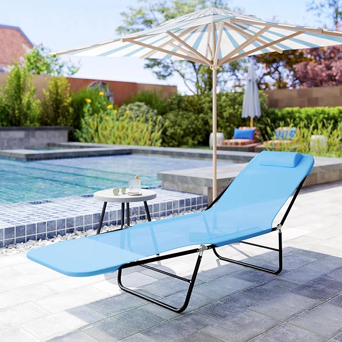 Outsunny Folding Chaise Lounge Chair, Pool Sun Tanning Chair, Outdoor Lounge Chair with Reclining Back, Breathable Mesh Seat, Headrest for Beach, Yard, Patio, Blue