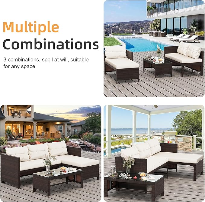 Shintenchi 3-Piece Outdoor Patio Furniture Sets, Wicker Patio Conversation Sets, All Weather Wicker Rattan Patio Seating Sofas with Glass Coffee Table and Cushion, Beige