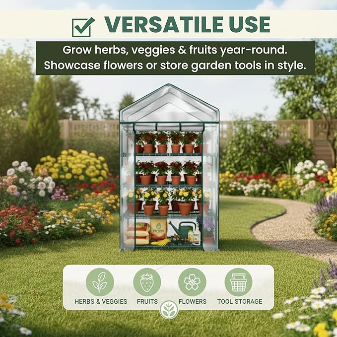 4 Tier Mini Greenhouse - Portable Greenhouse with Locking Wheels and PVC Cover for Indoor or Outdoor - 27 x 19 x 63-Inch Green House by Pure Garden