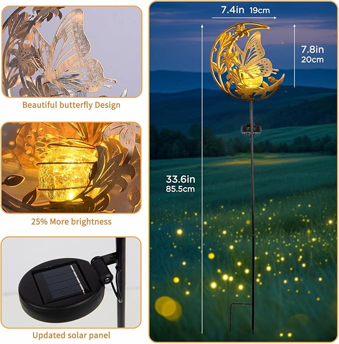 JOBOSI Solar Moon Butterfly Decorative Gift, Solar Butterfly Ground Stake Light, Mother's Day Gift,Gifts for Women Grandmother, Garden Lawn Decor Christmas & New Year Gift