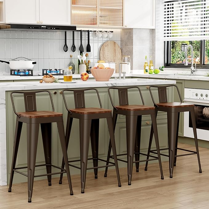 WENTMENT Industrial Rusty Bar Stools Set of 4, 24" Counter Height, Wooden Seat, Removable Back, Stackable