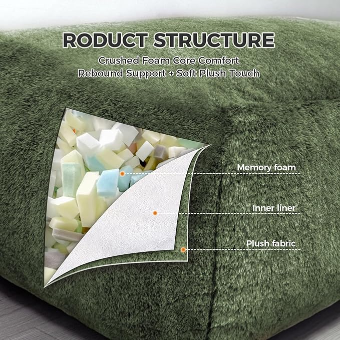 Giant Bean Bag Lounger Chair for Adults with Soft & Cozy Plush Fabric,Memory Foam Filled Beanbag Chair for Family Living Room,Bedroom and Game Room (Olive Green)