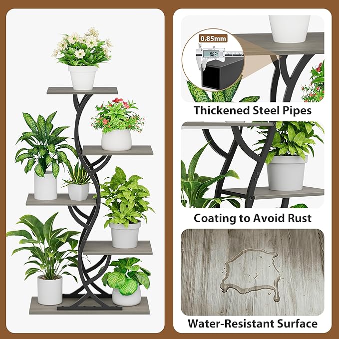 Plant Stand Indoor with Grow Lights - 44" Tall Corner Plant Stands for Indoor Plants, 5 Tiered Metal Plant Shelf, Curved Plant Flower Holder Dispaly Rack for Living Room, Home Patio Balcony (Gray)