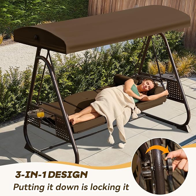 3 in 1 Outdoor Porch Swing with Adjustable Canopy, 3 Seat Outdoor Swing for Adults, Patio Swing Chair with Thickened Cushions,Pillows & Cup Holders for Backyard, Porch, Garden (Brown)