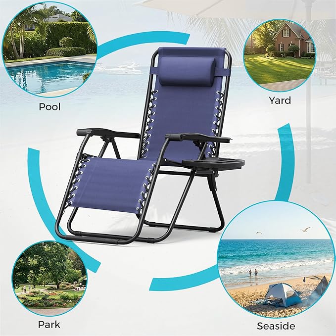 Homall Zero Gravity Chair Patio Folding Lawn Outdoor Lounge Gravity Camp Reclining Lounge Chair with Cup Holder Pillows for Poolside Backyard and Beach Set of 4 (Blue)