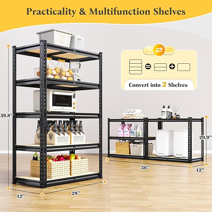 REIBII Storage Shelves 2020LBS Garage Shelving Heavy Duty Metal Shelving 5 Tier Metal Shelf for Garage Pantry Closet Kitchen Basement 28" W x 12" D x 59.8" H, 4 Pack