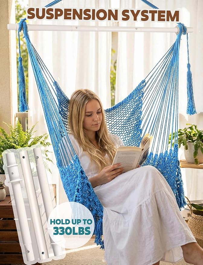 Chihee Hammock Chair Super Large Hanging Chair Soft-Spun Cotton Rope Weaving Chair, Collapsible Strong Metal Spreader Bar Wide Seat Lace Stretch Swing Chair Indoor Outdoor Garden Yard Theme Decoration