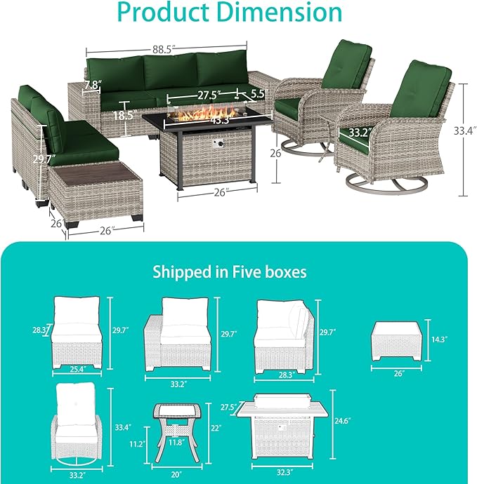 10-Piece Outdoor Patio Furniture Set with Rocking Swivel Chair, PE Wicker Rattan Sectional Sofa Patio Conversation Set with 55,000 BTU Fire Pit Table & Coffee Table, Green