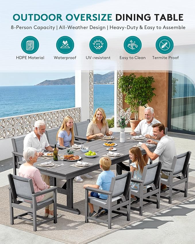 SERWALL 9 Piece Outdoor Dining Set, 84" HDPE Outdoor Large Table and Texilene Chairs for 8，All Weather Patio Dining Furniture Set with Umbrella Hole for Backyard, Garden, Gray