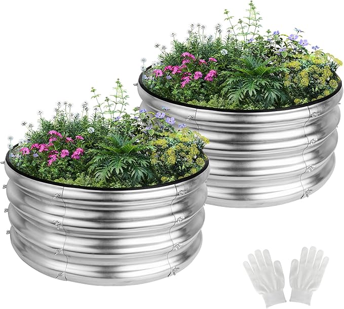 2 Pack 2x2x1ft Round Galvanized Raised Garden Bed Kits, Raised Garden Beds Metal Planter Outdoor Easy Assembly Garden Bed for Planting Vegetables, Fruits & Flowers, Sliver