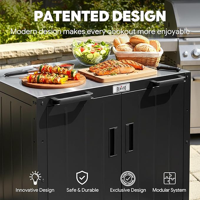 Outdoor Grill Cart with Storage Cabinet and Stainless Steel Top, 35-Inch Outdoor Grill Station with Door, Modular Kitchen Island for Food Prep and BBQ, Black & Silver