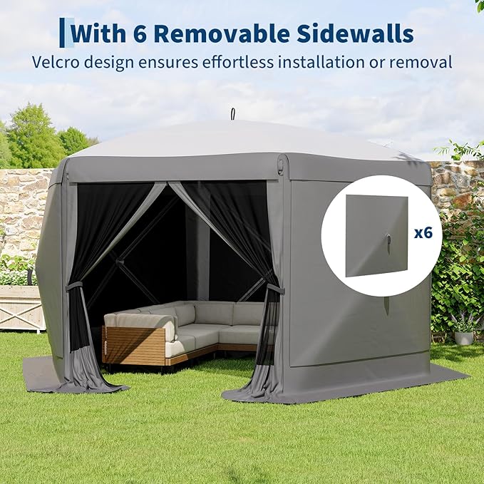 13x13FT 6-Sided Pop Up Gazebo Tent，One-Push Setup Canopy Tent with Removable Canopy Top & Wind Cloths, Outdoor shelter for Camping, Backyard Parties, Outdoor Events - Grey