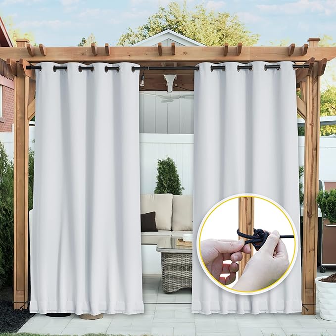 NICETOWN 2 Panels Weighted Blackout Curtains with Grommet & Back Tab on top and Bottom for Patio Waterproof, Windproof Privacy Outdoor Dividers for Cabana with Fixed Rope, W52 x L84, Greyish White