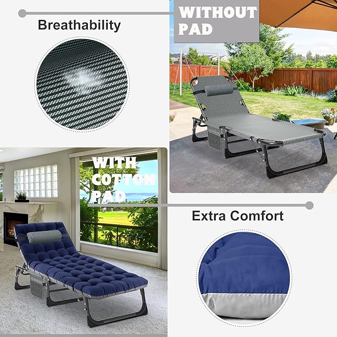 ABORON 2PK Heavy Duty Tanning Chair, 5-Gear Outdoor Folding Chaise Lounge Chair with Cushion,Portable Beach Lounge Chair for Outdoor Sunbathing Patio Pool Lawn Deck Poolside, Royal Blue-2pc