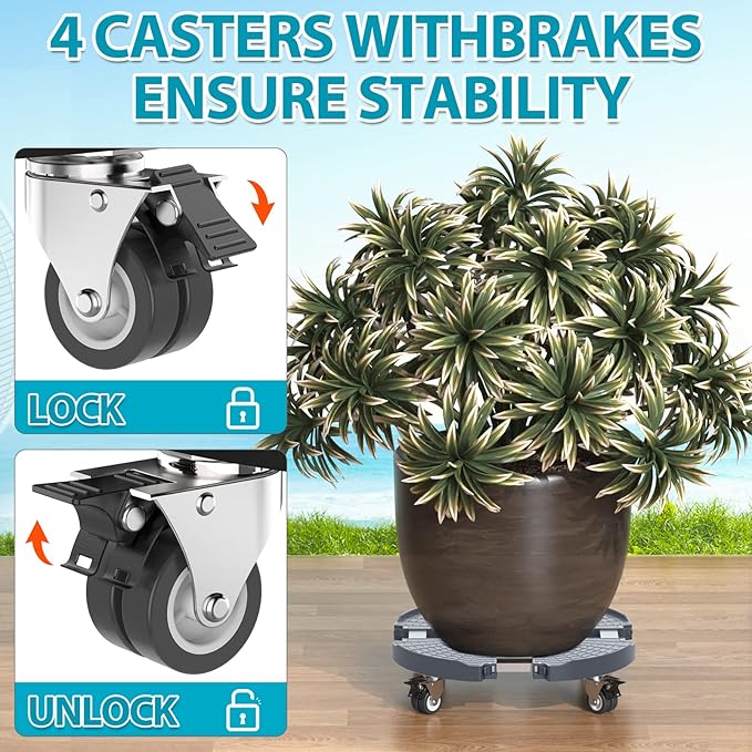 VANCASTLE Plant Caddy Plant Stand with Wheels, Heavy Duty Plant Roller Base 15-22 Inch Adjustable，Palnt Wheel Base 440 LBS, Large Potted Planter Cart Dolly for Flower Mover, Gray, 1 Pack