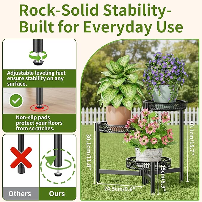 3 Tier Metal Plant Stand Indoor Outdoor, Corner Tall Plant Shelf for Multiple Plants, Foldable Heavy Duty Plant Holder, Decoration Flower Pot Stand for Patio Living Room Balcony Garden - BlackFlower