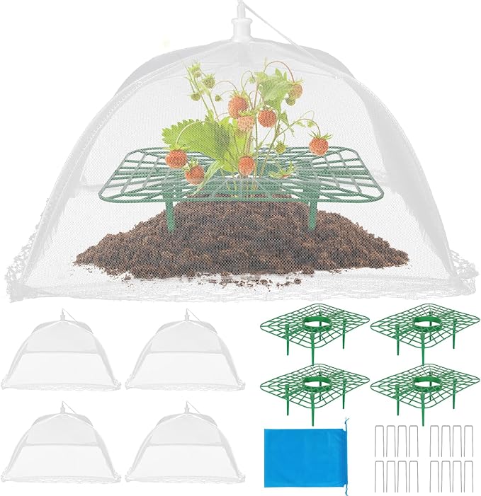 4 Sets Strawberry Plant Supports with Plant Protectors from Animals,Strawberry Growing Support Stakes with Mesh Plant Cover and Metal Garden Lawn Spikes Strawberry Planting Stand for Garden Vegetables
