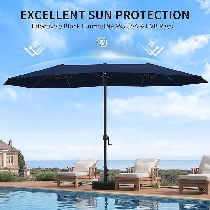 OLILAWN Patio Table Umbrella, 15ft Large Deck Umbrella with Base Included, Outdoor Double-Sided Rectangle Market Umbrella with Aluminium Crank, 12 Sturdy Ribs, for Deck Porch Garden,Dark Blue