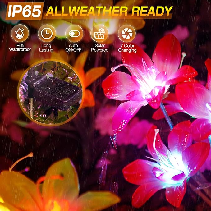 Aukora Solar Garden Lights Outdoor 10 Pack, 5 Colors Lily Flowers & 7-Color Changing Led Lights for Outside, Solar Outdoor Light Waterproof for Pathway Patio Yard Decor, Red Yellow Blue White Purple
