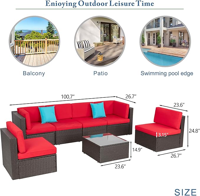 Vongrasig 7 Pieces Patio Furniture Sets, Outdoor All-Weather Wicker Patio Conversation Sets, L-Shaped Rattan Sectional Patio Sofa with Glass Table for Backyard, Red