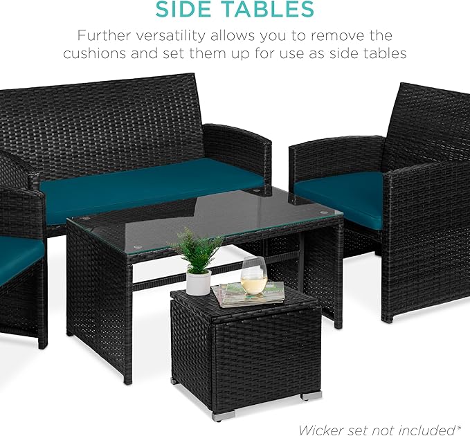 Best Choice Products Set of 2 Wicker Ottomans, Multipurpose Outdoor Furniture for Patio, Backyard, Additional Seating, Footrest, Side Table w/Storage, Removable Cushions - Peacock Blue/Black