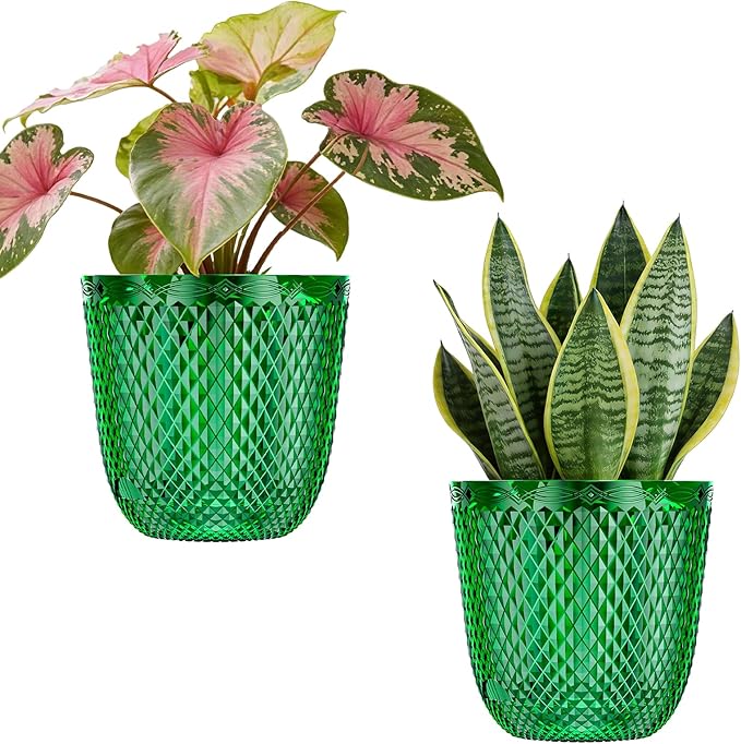 QCQHDU 2 Pack Self Watering Pots, 7.2 Inch Flower Pots with Drainage Holes and Water Filling Port, Garden Planter for Indoor Outdoor Plants (Emerald)