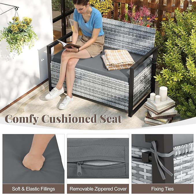 RELAX4LIFE Wicker Outdoor Bench with Storage - Rattan Deck Box w/Protective Liner for Pillows, Pool Supplies, Garden Tools, Patio Loveseat with Seat Cushion & Metal Armrests for Backyard Porch Balcony