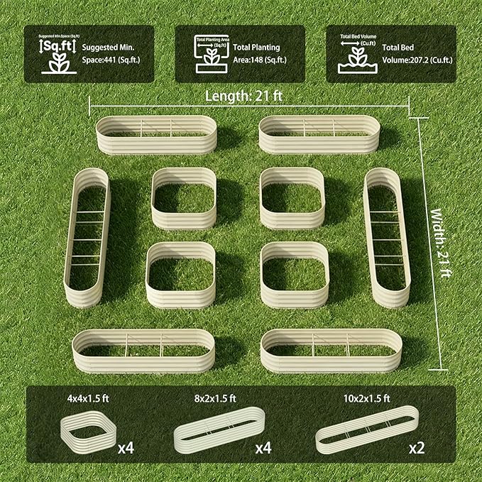 10-Pack 18” Tall Galvanized Raised Garden Beds – Compact Backyard Garden Layout, Fits 440 Sq Ft Backyard, 8x2 ft & 10x2 ft Metal Raised Flower Bed Kits for Outdoor Gardening-Brooklyn Grey