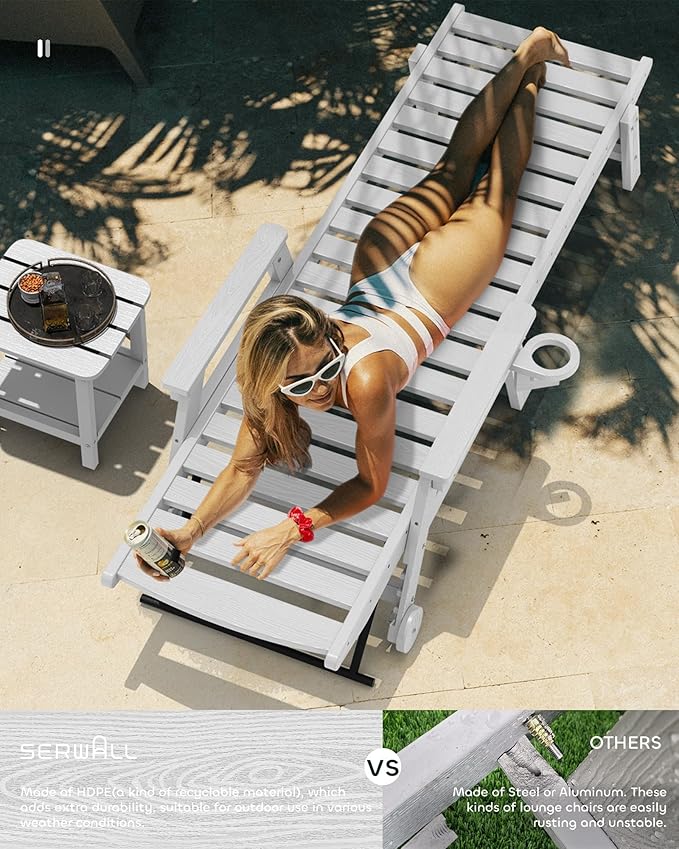 SERWALL Patio Chaise Lounge Chair, 78'' Long HDPE 5 Positions Adjustable Outdoor Lounger, Poly Lounge Chair with Rolling Wheels & Cup Holder for Pool, Space Gray