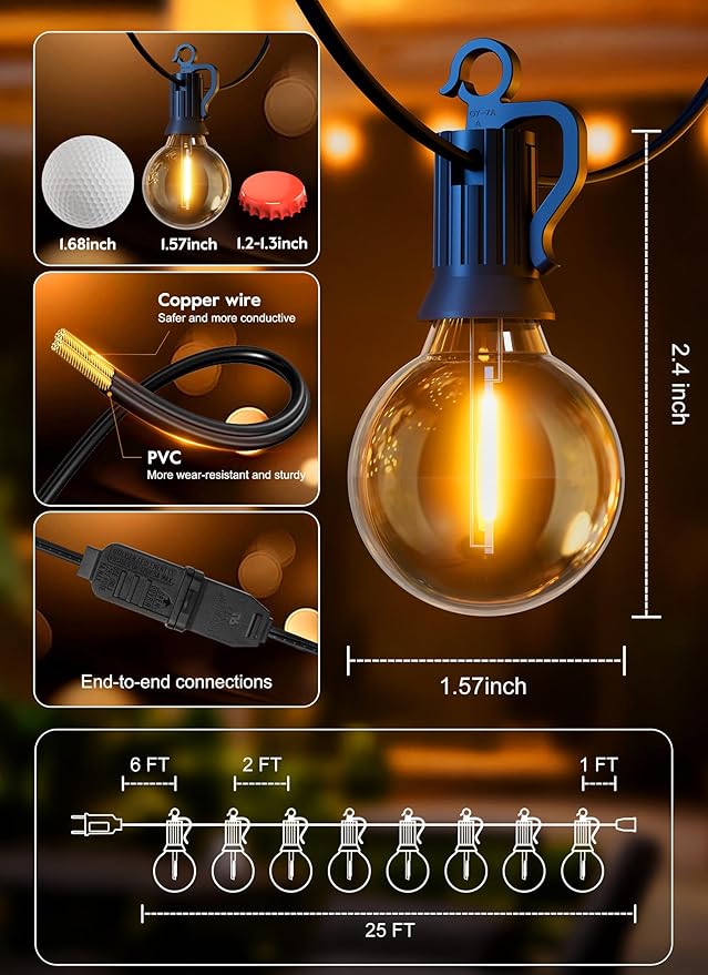 Brightown Outdoor String Lights, 25FT 12+1 G40 Bulbs Shatterproof Patio Lights, IP65 Waterproof Dimmable Hanging Connectable Globe LED Outdoor Lights for Backyard, Bistro, Porch, Deck, Balcony