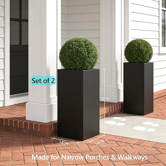 Set of 2 Tall Metal Planter Box for Outdoor Plants,14" L x 14" W x 30" H Heavy Duty Tall Outdoor Planter with Removable Insert Shelf for Porch, Patio, Backyard| Modern Décor|Built-in Drainage|(Black)