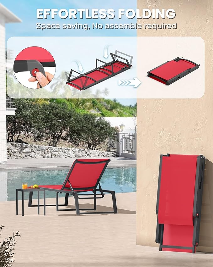 Aluminum Chaise Lounge Chair Outdoor, Foldable & Assembly Free Patio Pool Lounge Chairs 5-Position Recliner for Outside Poolside, Fully Grounded Legs Sun Lounger for Beach, Yard, Red