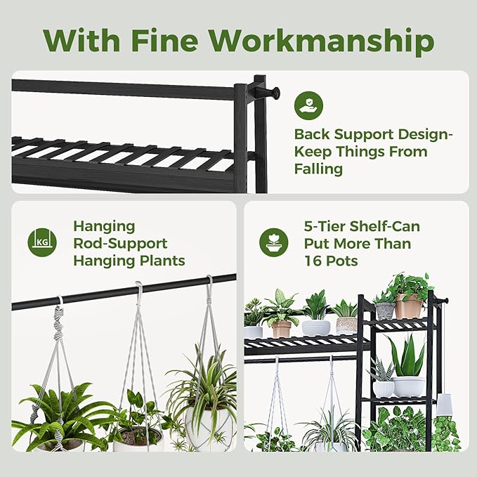 Bamworld Plant Shelf Indoor 55" Tall Bamboo Plant Shelves 5 Tier Hanging Plant Stand Large Ladder Shelf Flower Stand Plant Holder Plant Rack for Garden Balcony Home Decor Living Room Bedroom Black