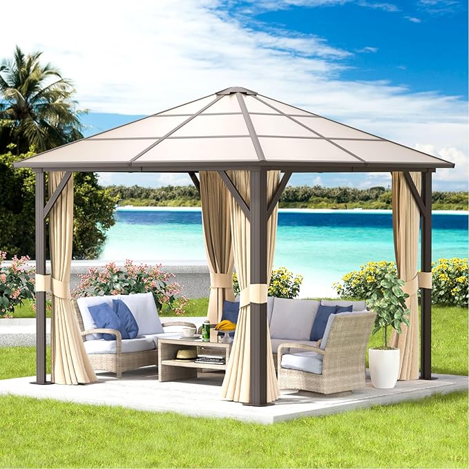 Aoxun 10FT x 10FT Gazebo Single Polycarbonate Top, Outdoor Polycarbonate Frame Permanent Gazebo with Curtains and Netting, for Patios, Parties, Backyards, Gardens and Lawns