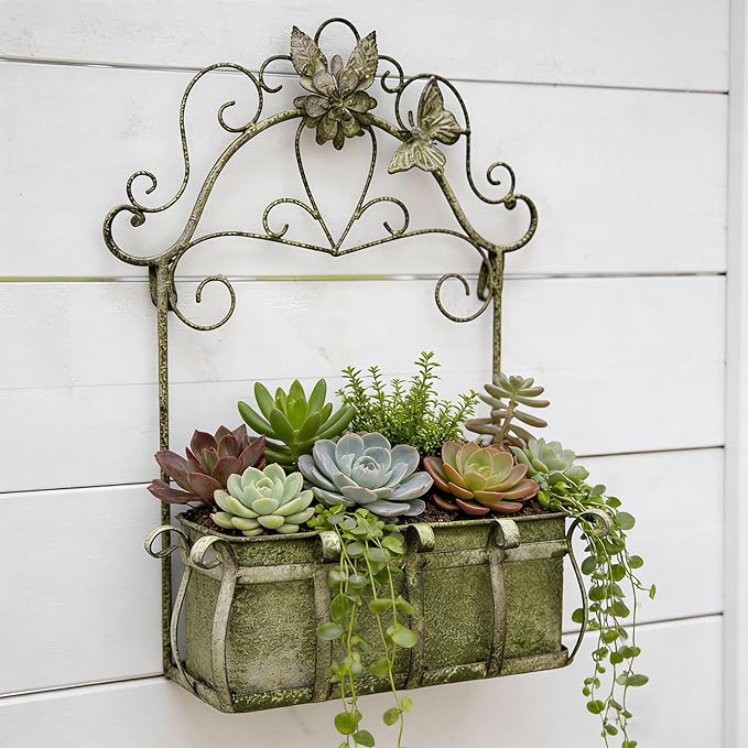 Rustic Metal Wall Planter Vintage Wall Mounted Flower Pot Farmhouse Distressed Wall Hanging Plant Basket with Floral & Butterfly Decor for Indoor Outdoor Garden Home Yard (Green#2)